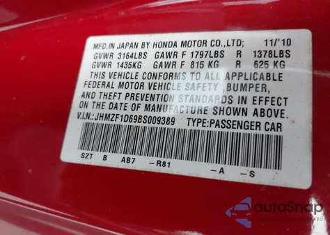 2011 Honda Cr-Z Ex from USA, damaged, VIN JHMZF1D69BS009389